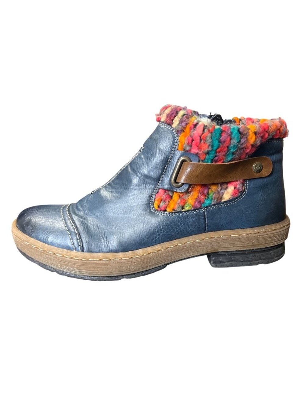 Rieker Women Size 40 / US 8.5 Ankle Boot Felicitas 84 Blue Leather Knit-Trim